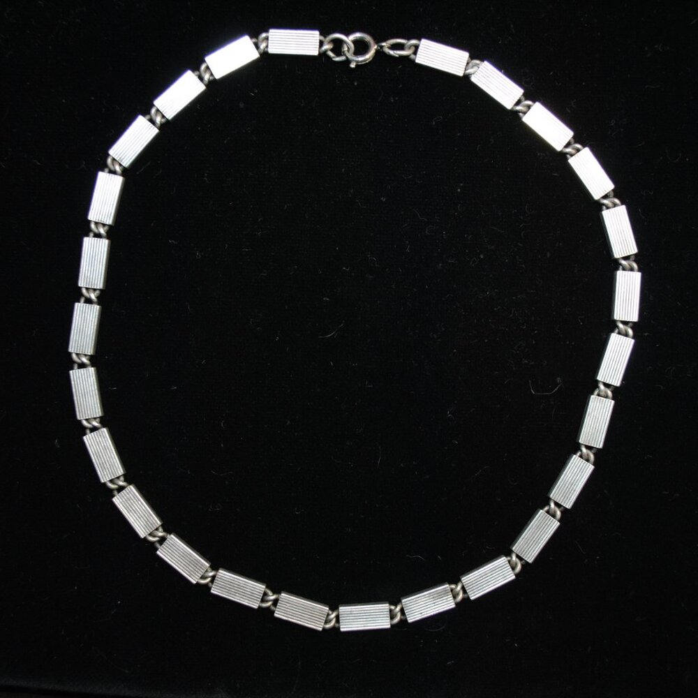 Antique/Vintage Silver-plated Striped Rectangular Block Chain Necklace